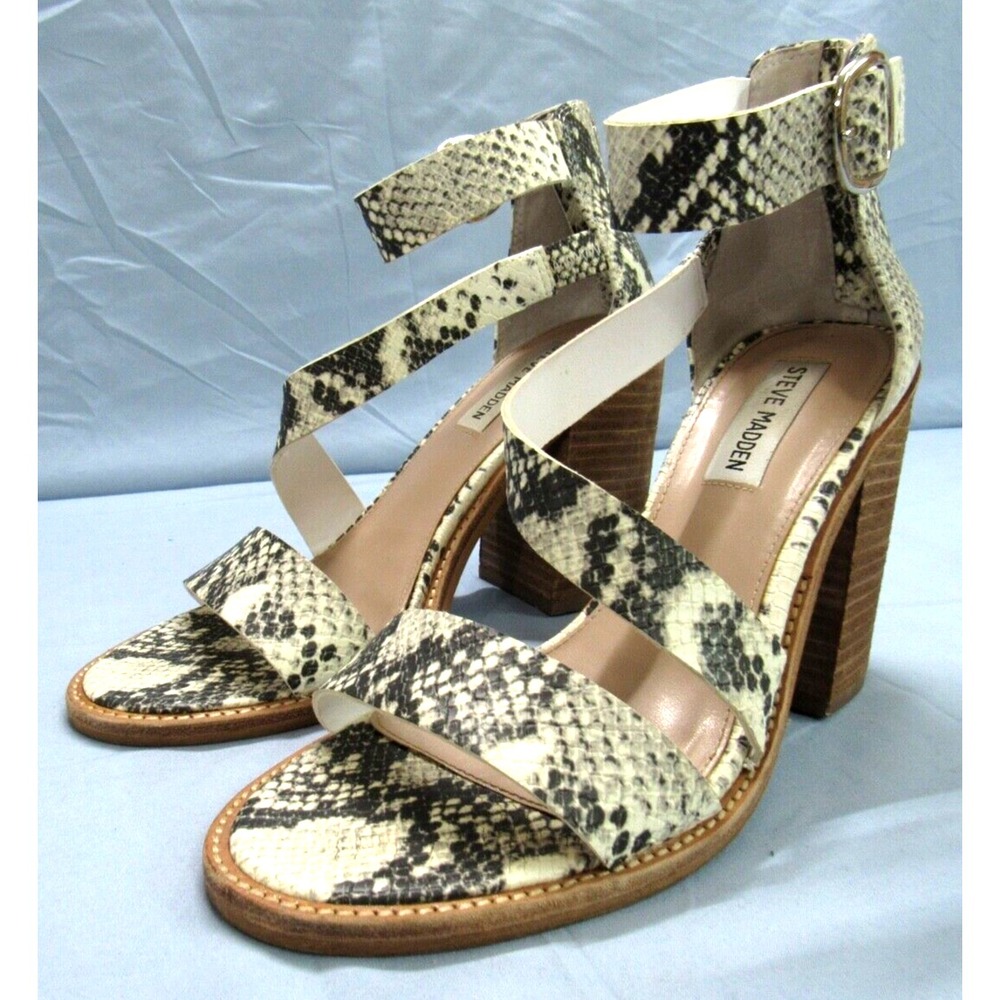 STEVE MADDEN Collins GRAY/OFF-WHITE Moc Snake FAUX LEATHER Strappy HEELS Sz 7.5M